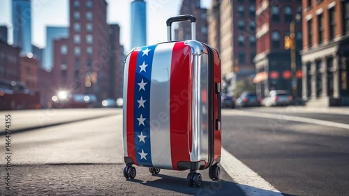 suitcase in american flag colors with new york city in the background
