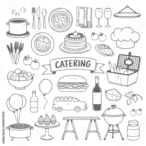 Set of catering themed doodle on white background. Hand drawn abstract doodle isolated on white background.