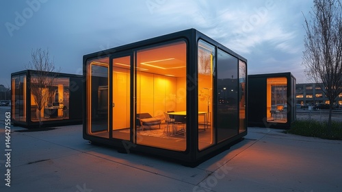 Modern, illuminated modular structures at twilight.