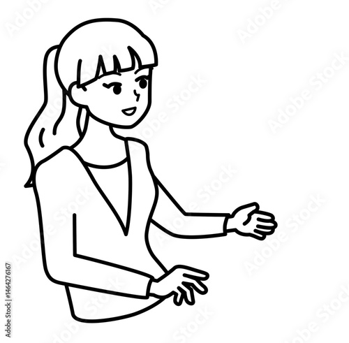説明をする若い女性の線画イラスト