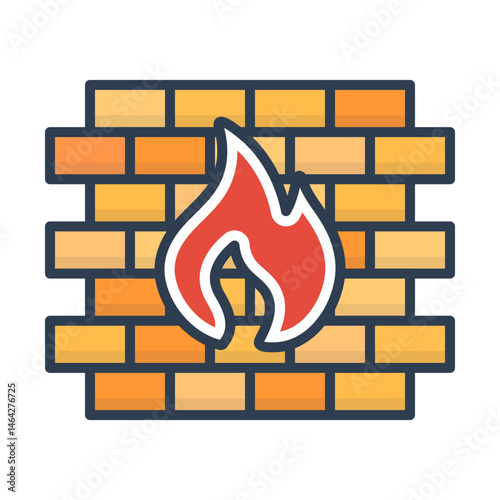 Firewall vector illustration, symbolizing network security and cyber protection, featuring a brick wall with a flame representing defense against cyber threats.