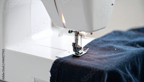 A close-up view of a sewing machine stitching through dark fabric, highlighting the needle and presser foot in action