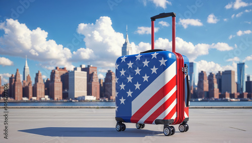 suitcase in american flag colors with new york city in the background
