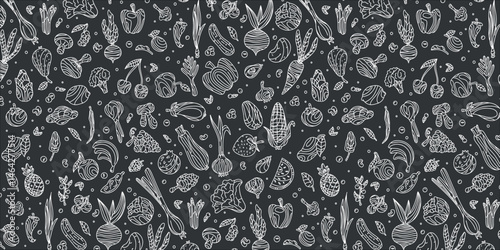 Vegetables and fruits. Seamless hand drawn doodle pattern on dark background. Illustration for background, card, poster, banner, textile print, cover, web design. Eat healthy. Vector icons.