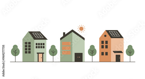 Houses with solar panels and trees for eco-friendly living and sustainable home concept
