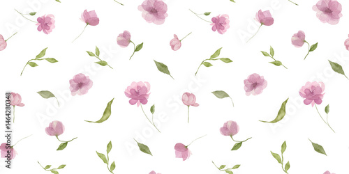Wallpaper Mural Romantic seamless watercolor pattern with hand-painted pink peonies and green leaves. Elegant and feminine floral design, ideal for fabric, wrapping paper and women branding. Transparent background.  Torontodigital.ca