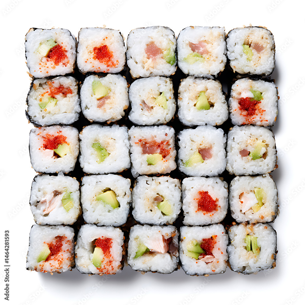 Sushi rolls with different ingredients in a square shape