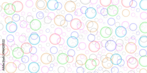 Soap bubbles flew randomly on a white background. Blue, green and pink realistic bubble with black background. Modern abstract light pink bubble background with circles.