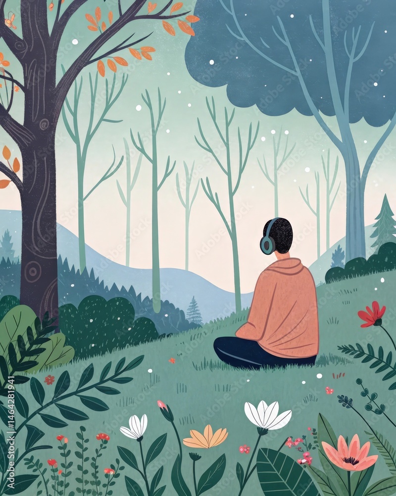 A person surrounded by nature practicing deep listening to the sounds around them emphasizing the importance of connection to the environment in mindfulness practices.
