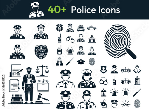 Police and Law Enforcement Icons – Black and White Vector Symbols for Security, Justice, and Investigation