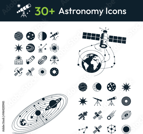 Set of 30+ Minimalist Astronomy Icons – Black and White Vector Space Exploration Illustrations