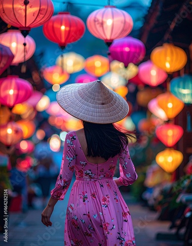 Vietnam woman wearing vietnam dress and traditional hat, colorful lanterns background