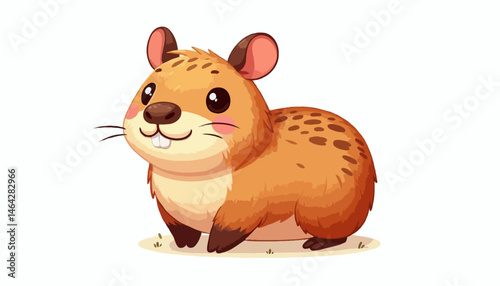 A cute cartoon animal vector illustration shows a happy sitting mammal capybara with an acorn