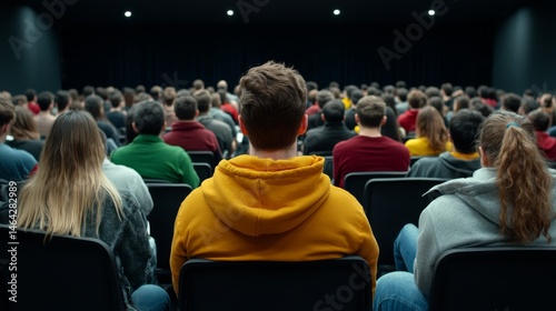 Audience attending a presentation in a large auditorium setting