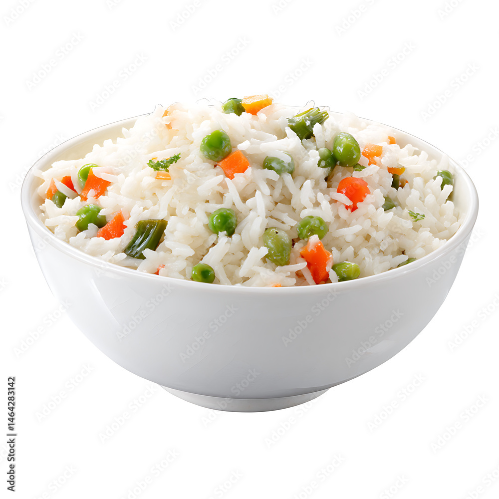 Freshly cooked vegetable rice in a white bowl