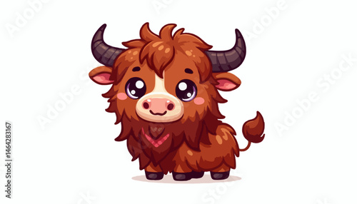 A cute brown cartoon yak vector illustration of a happy farm animal with horns