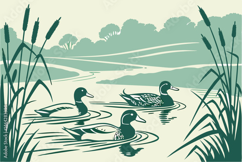 101 Photorealistic painting, three mallard ducks swimming, tranquil pond, rippling water, cattails, reeds, soft lighting, muted colors, wildlife illustration, detailed feathers, reflections on water s
