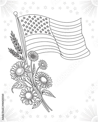 Patriotic American Flag with Sunflower Bouquet Coloring Page
