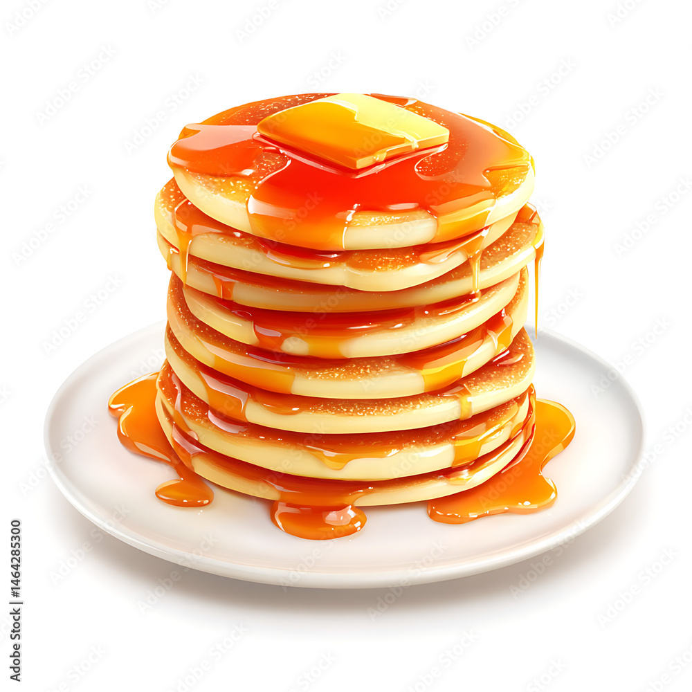 Fluffy pancakes with syrup on a white plate