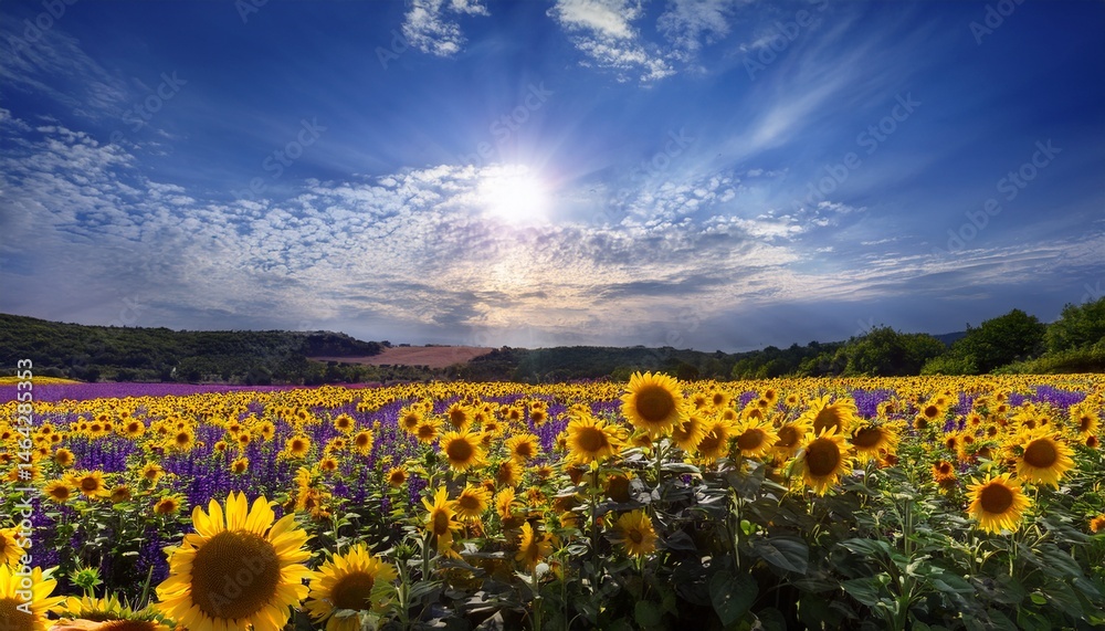 Obraz premium Beautiful landscape with sunflower field behind lavender field over blue sky