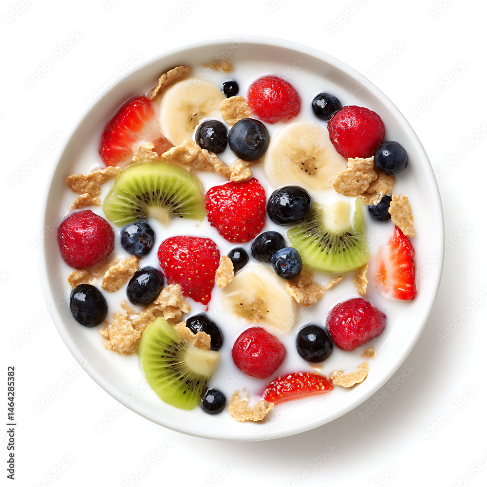 A bowl of fresh, vibrant fruits with cereal and milk