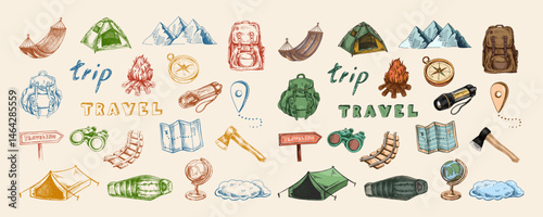 Hand drawn vintage sketch of travel, camping and hiking icons in colorful and outline versions including tent, backpack, campfire and compass on light background
