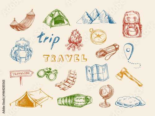Hand drawn vintage sketch of colorful camping and hiking equipment with backpack, tent, compass, flashlight and travel icons on light background