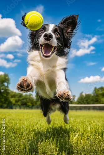 Energetic dog leaping for a tennis ball in a sunny field