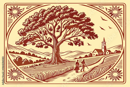 103 Vintage illustration, majestic tree of life, lush green foliage, rural countryside, rolling hills, small village, church steeple, cultivated fields, people walking, birds flying, ornate border des