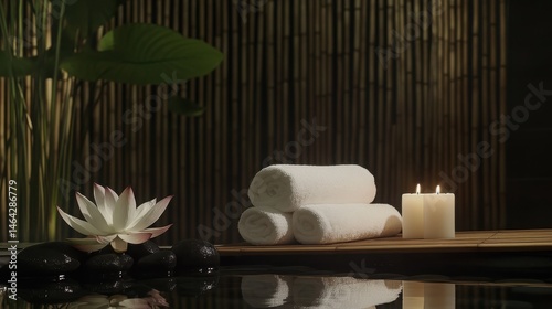 Modern spa with candles, fluffy white towels in roll, lotus flower, black stones. Bamboo wall on background.