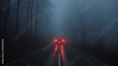 The road is shrouded in a thick fog, making it difficult to see more than a few feet ahead.