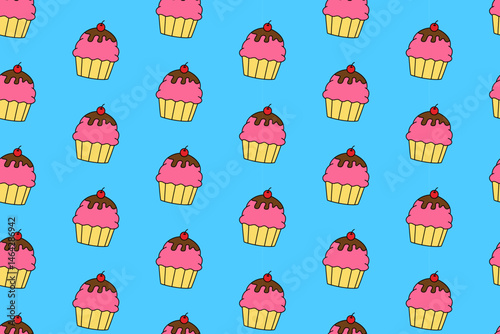 pink cupcake with melted chocolate, cherry illustration colorful pattern on blue background. cupcake with chocolate doodle seamless pattern. muffin tasty dessert pattern wallpaper for bakery and pastr