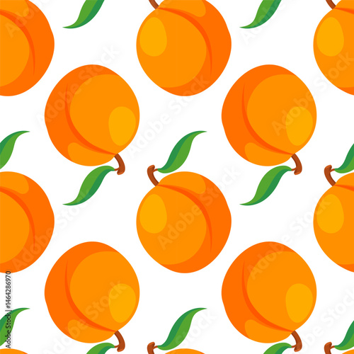 Seamless peach fruit pattern with green leaf on white background in cartoon. Sweet vibrant summer design ideal for fabric, wallpaper, kitchen decor, healthy, natural and juicy food illustration.
