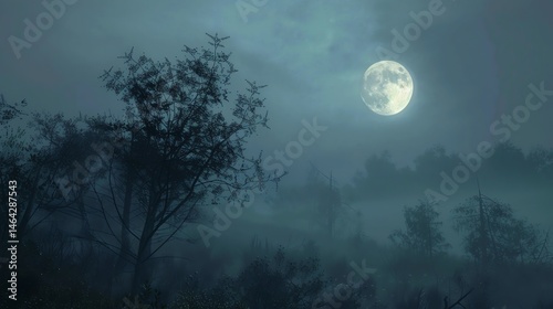 This is a beautiful landscape photo of a full moon rising over a misty forest. The moon is bright and full, and the mist is soft and ethereal.