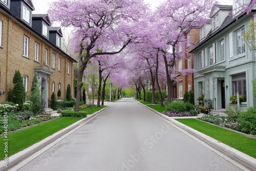 A cul-de-sac in spring with flowering trees and neighbors gardening