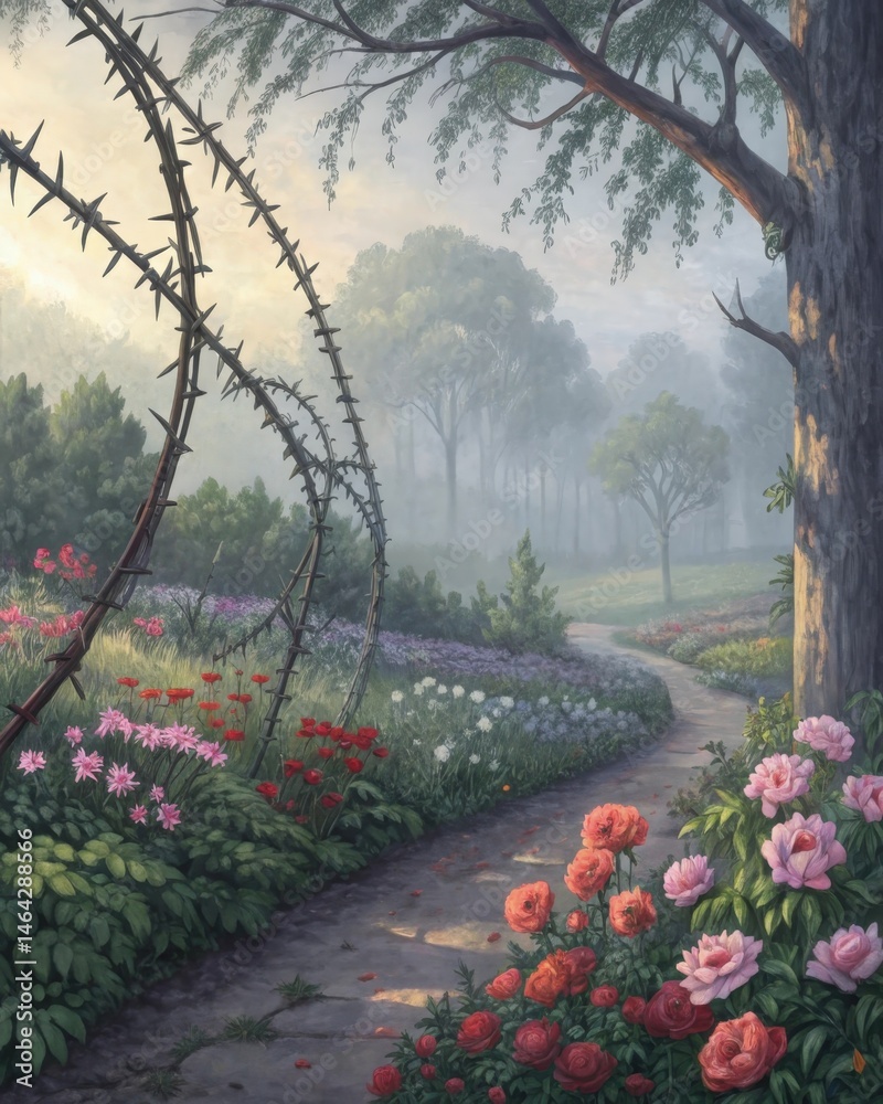 A garden of flowers blooming vibrantly alongside t vines portraying the coexistence of beauty and danger in human relationships.