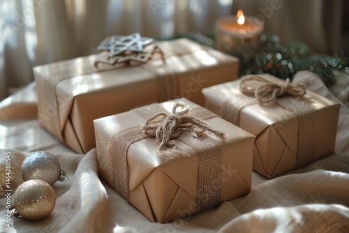 Wrapped presents are sitting on a bed with ornaments christmas background photo