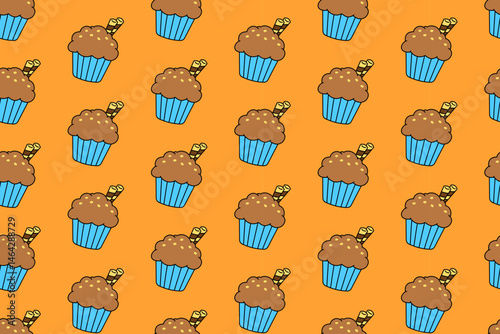 pink cupcake with melted chocolate, cherry illustration colorful pattern on blue background. cupcake with chocolate doodle seamless pattern. muffin tasty dessert pattern wallpaper for bakery 