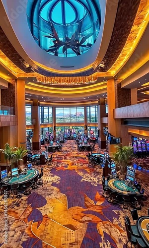 Expansive casino floor with gaming tables, surrounded by opulent architecture and a scenic view