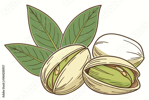 104 Realistic pistachio nuts, Detailed green pistachio kernels, Cracked pistachio shells, Vibrant green leaves, Photorealistic texture, High-resolution food photography, Soft natural lighting, White b