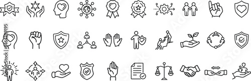 Integrity and Social Responsibility Icon Set Featuring Trust, Honesty, Handshake, Equality, Teamwork, Heart, Human Values, Helping Hand, Shield, Balance Scale, Collaboration, Leadership 