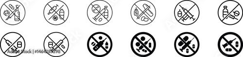 No Drugs Icon Featuring Crossed-Out Syringe, Capsule, and Medicine Table Symbolizing Anti-Drug Message, Medication Restriction, and Drug-Free Zone Awareness in Healthcare or Public Signage Context