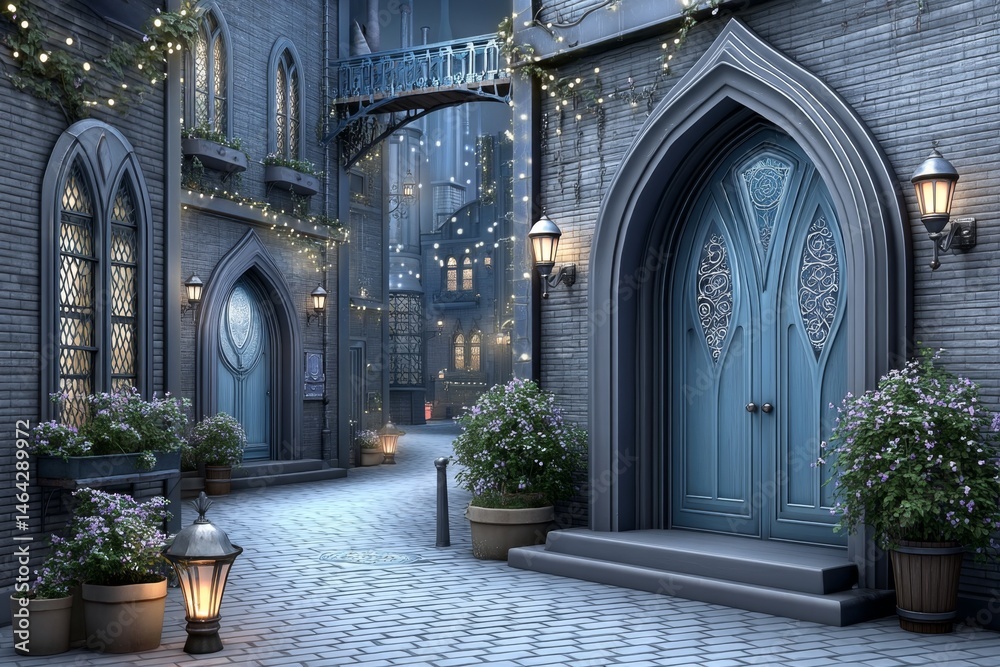 Fototapeta premium A mysterious neighborhood alley with gothic archways and flickering lanterns