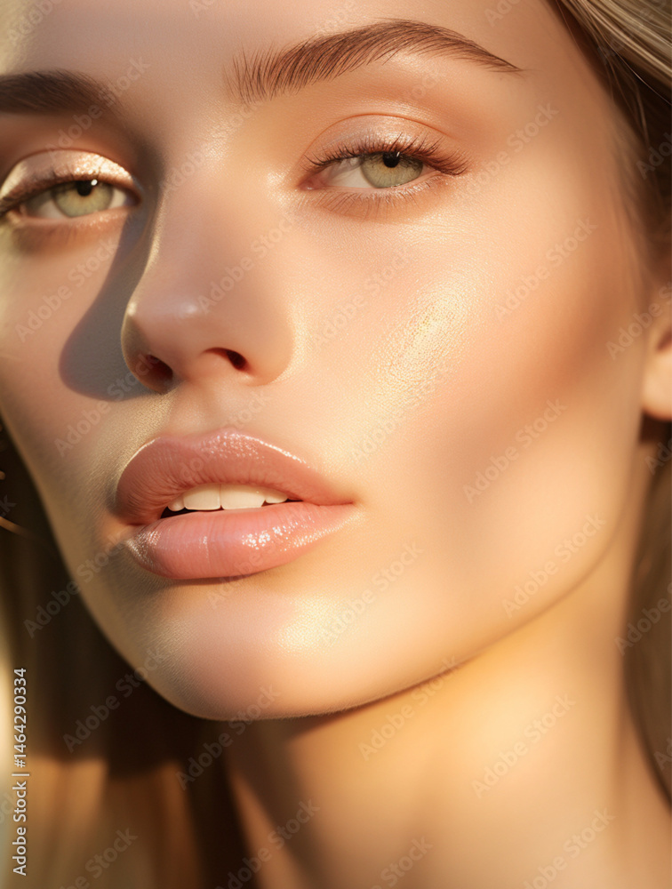 close-up of a woman’s glossy lips and soft jawline,glowing dewy skin,natural makeup, golden hour light reflecting off skin,soft shadows,blurred pastel background,feminine and ethereal beauty