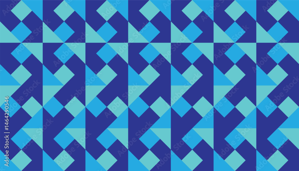 Seamless retro geometric pattern in dark blue, sky blue and light blue in a composition of zigzag triangles and diamonds