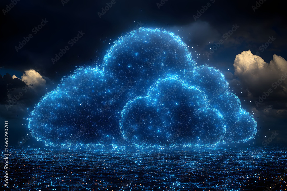 Futuristic Cloud Computing Concept with Digital Cloud and Starry Night Aesthetic