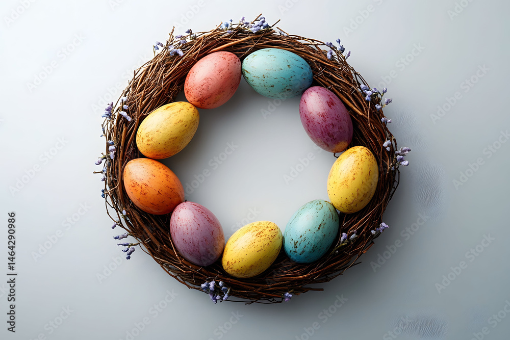 Colorful Easter Egg Wreath with Twigs and Flowers for Spring Decor