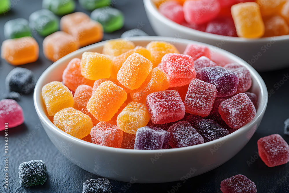 Colorful Assorted Sugary Gummies in White Bowls for Sweet Treat Designs