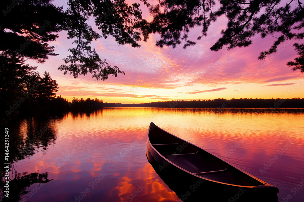Obraz premium Canoe resting on a serene lake at sunset