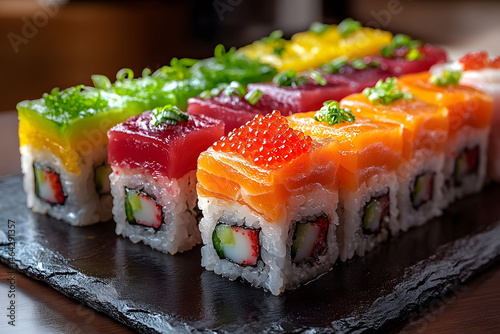 Colorful Assorted Sushi Rolls on Slate Platter for Culinary Presentation and Design